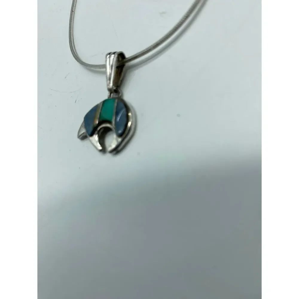 Calvin‎ Begay Native inlay Bear pendant 925 Turquoise chain Italy signed